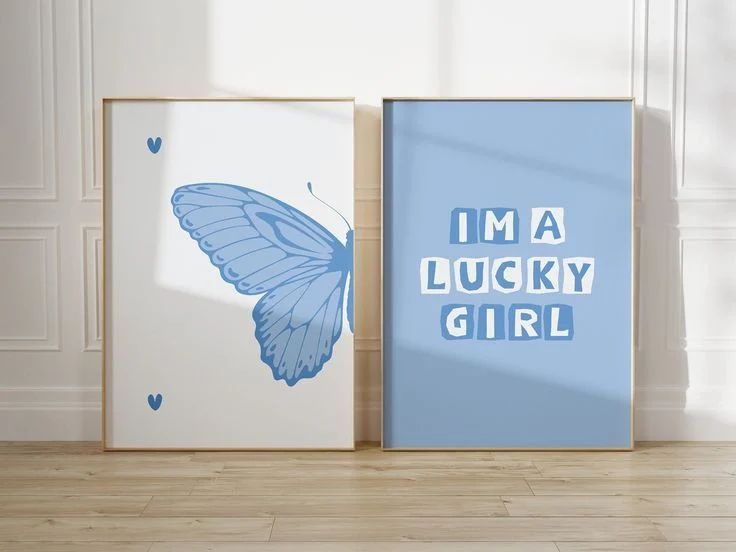 Lucky Girl Blue Butterfly Wall Art Set - Motivational Frames