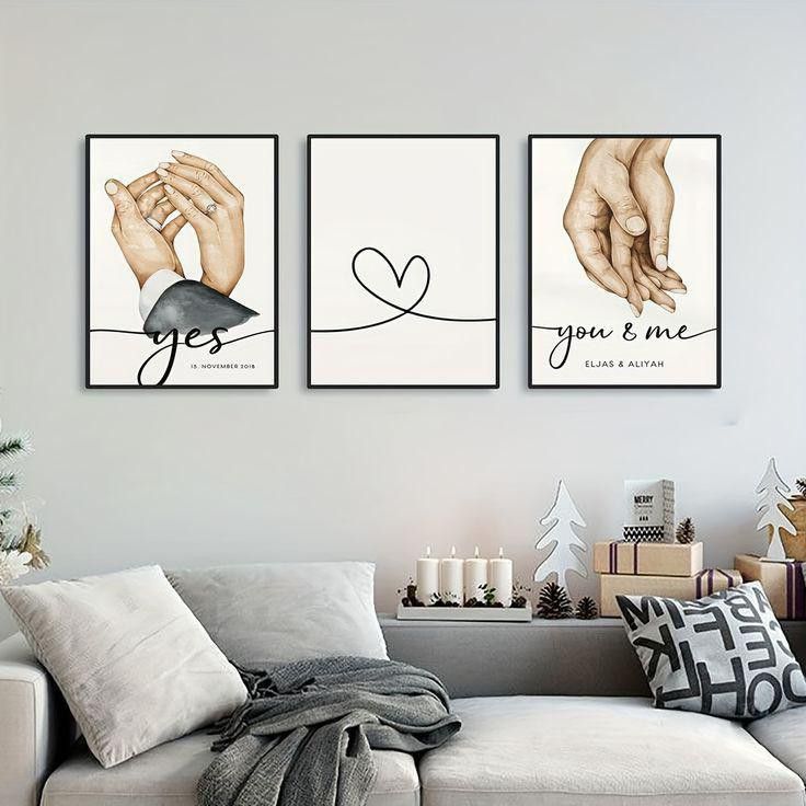 Romantic Couple Wall Art Set (3 Pieces) – "Yes", Heart Line &amp; "You &amp; Me"