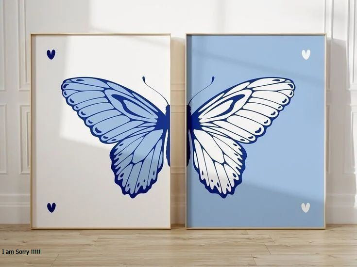 Modern Butterfly Diptych Wall Art Set - Minimalist Split Design Print (Set of 2)