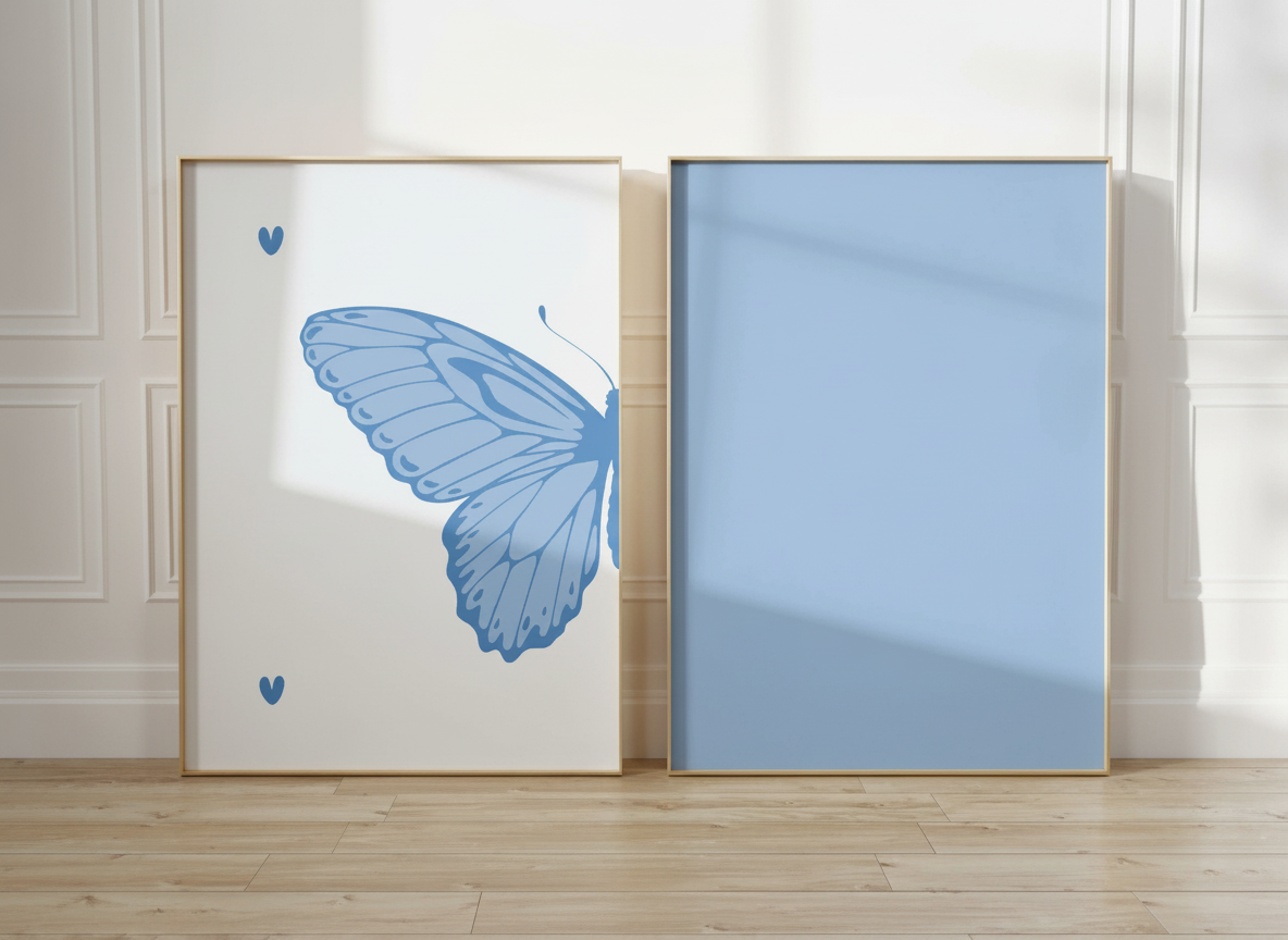 Lucky Girl Blue Butterfly Wall Art Set - Motivational Frames