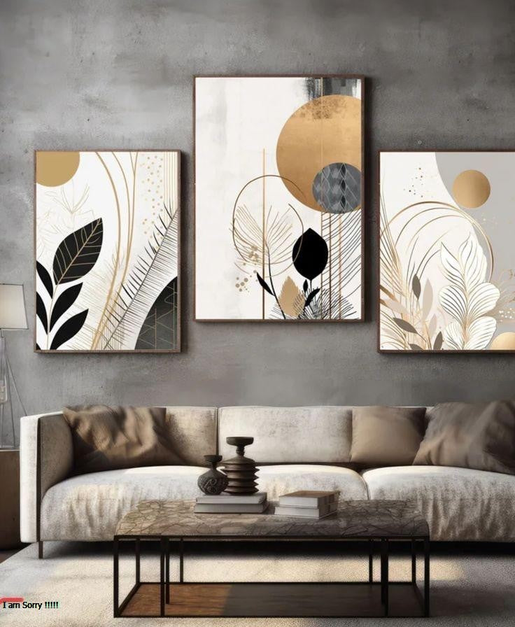 Elegant Golden Abstract Wall Frames - 3 Piece Modern Decor Set