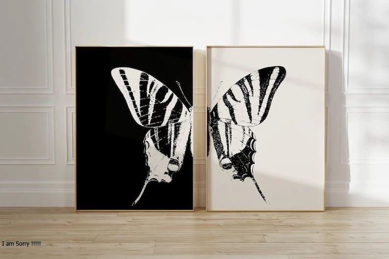 Modern Butterfly Diptych Wall Art Set - Minimalist Split Design Print (Set of 2)